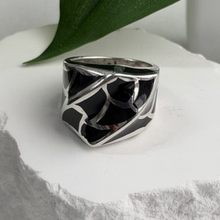 Italy Geometric Design 925 Sterling Silver Black Onyx Ring Size 10