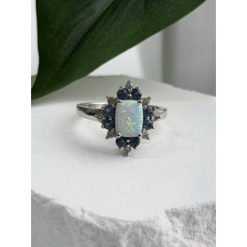925 Sterling Silver Opal White & Blue Topaz Flower Ring Size 7
