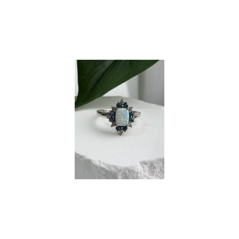 925 Sterling Silver Opal White & Blue Topaz Flower Ring Size 7