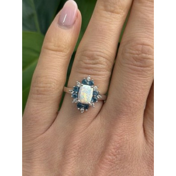 925 Sterling Silver Opal White & Blue Topaz Flower Ring Size 7