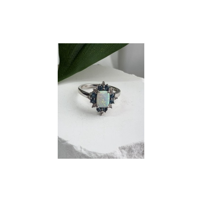 925 Sterling Silver Opal White & Blue Topaz Flower Ring Size 7