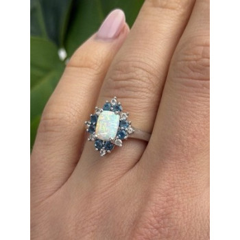 925 Sterling Silver Opal White & Blue Topaz Flower Ring Size 7