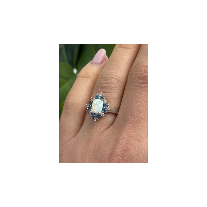 925 Sterling Silver Opal White & Blue Topaz Flower Ring Size 7