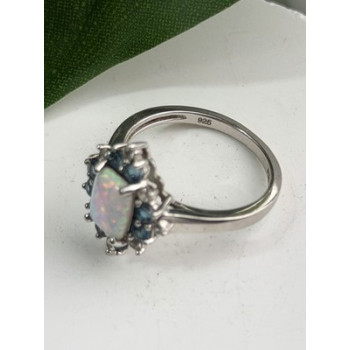 925 Sterling Silver Opal White & Blue Topaz Flower Ring Size 7