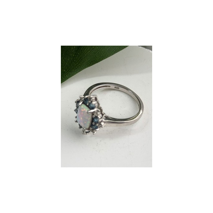 925 Sterling Silver Opal White & Blue Topaz Flower Ring Size 7