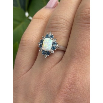 925 Sterling Silver Opal White & Blue Topaz Flower Ring Size 7