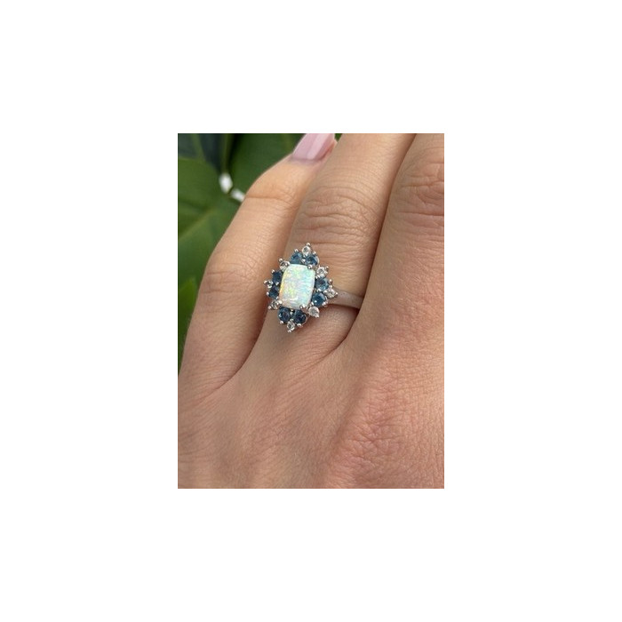 925 Sterling Silver Opal White & Blue Topaz Flower Ring Size 7