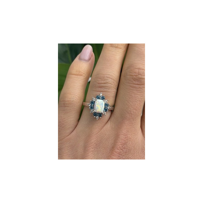 925 Sterling Silver Opal White & Blue Topaz Flower Ring Size 7