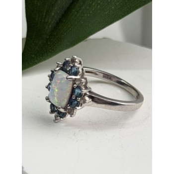 925 Sterling Silver Opal White & Blue Topaz Flower Ring Size 7