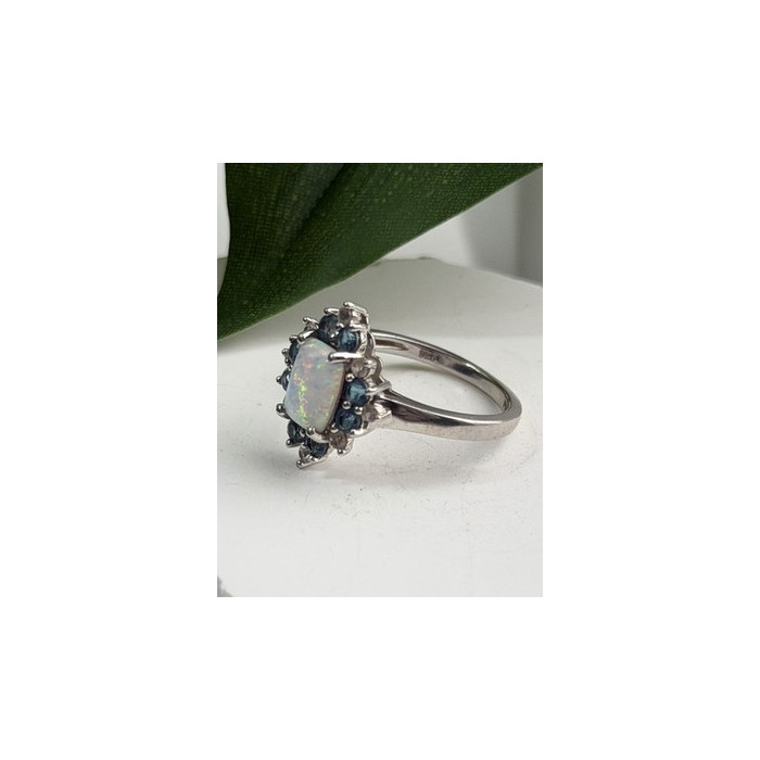 925 Sterling Silver Opal White & Blue Topaz Flower Ring Size 7