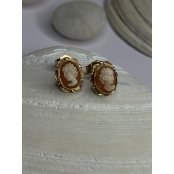 10K Yellow Gold Vintage Oval Cameo Stud Earrings Length 0.40 Inch