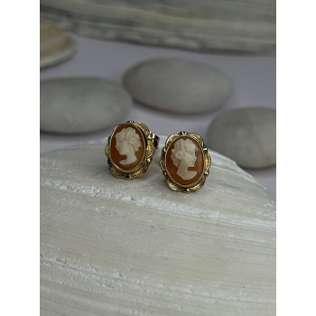 10K Yellow Gold Vintage Oval Cameo Stud Earrings Length 0.40 Inch