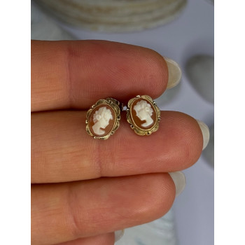 10K Yellow Gold Vintage Oval Cameo Stud Earrings Length 0.40 Inch