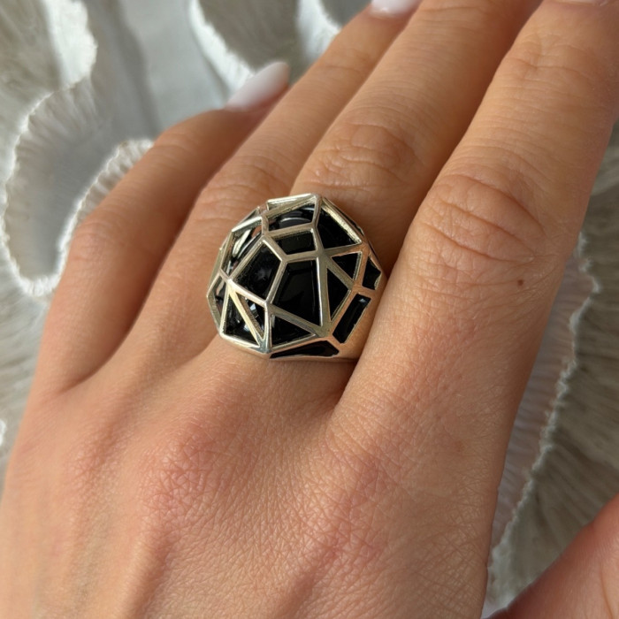 ARD Modernist 925 Sterling Silver Geometric Black Onyx Ring Size 8