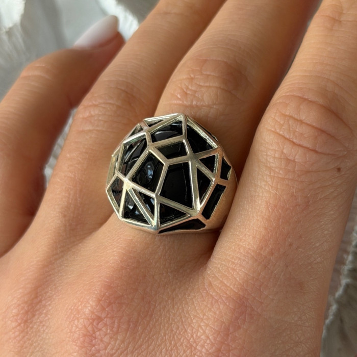 ARD Modernist 925 Sterling Silver Geometric Black Onyx Ring Size 8