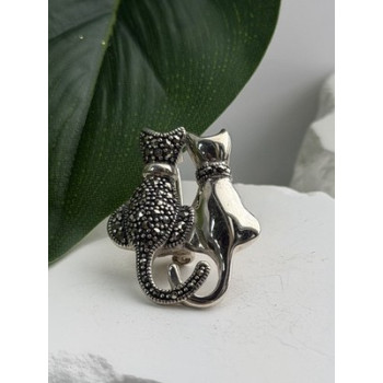 Two Cats 925 Sterling Silver Marcasite Brooch