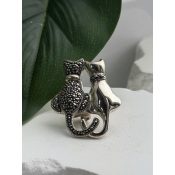 Two Cats 925 Sterling Silver Marcasite Brooch