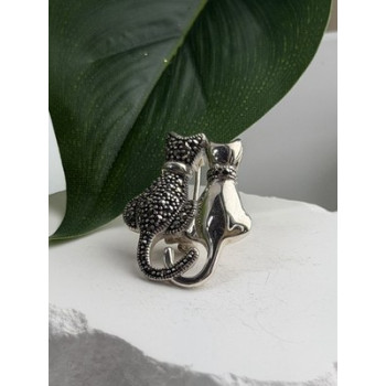 Two Cats 925 Sterling Silver Marcasite Brooch