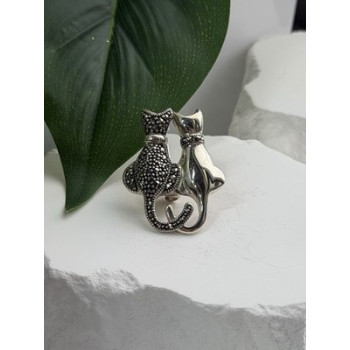Two Cats 925 Sterling Silver Marcasite Brooch