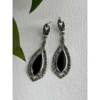 Elegant Vintage 925 Sterling Silver Onyx & Marcasite Earrings