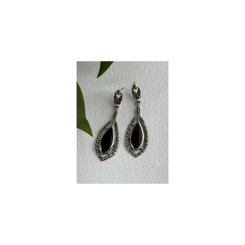 Elegant Vintage 925 Sterling Silver Onyx & Marcasite Earrings