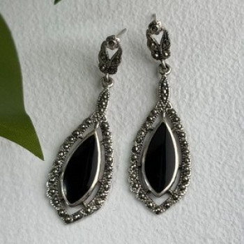 Elegant Vintage 925 Sterling Silver Onyx & Marcasite Earrings