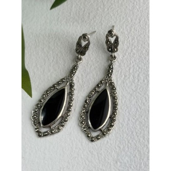 Elegant Vintage 925 Sterling Silver Onyx & Marcasite Earrings