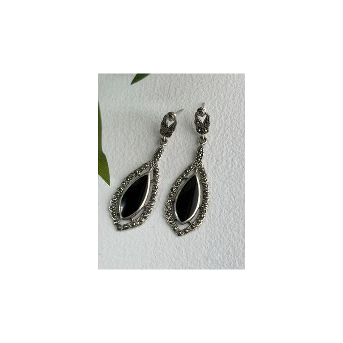 Elegant Vintage 925 Sterling Silver Onyx & Marcasite Earrings