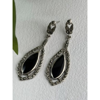 Elegant Vintage 925 Sterling Silver Onyx & Marcasite Earrings
