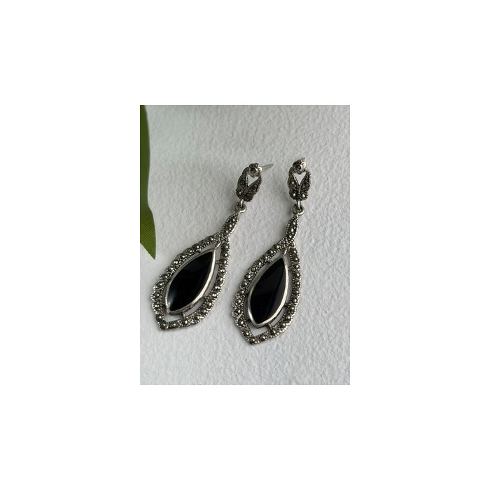 Elegant Vintage 925 Sterling Silver Onyx & Marcasite Earrings