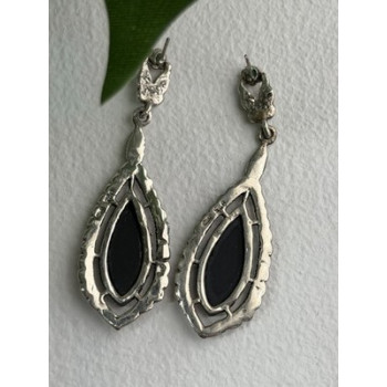 Elegant Vintage 925 Sterling Silver Onyx & Marcasite Earrings