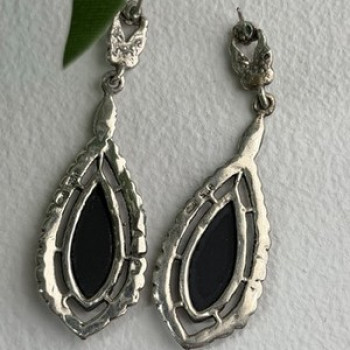 Elegant Vintage 925 Sterling Silver Onyx & Marcasite Earrings