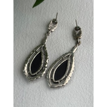Elegant Vintage 925 Sterling Silver Onyx & Marcasite Earrings