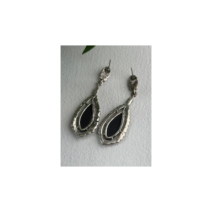 Elegant Vintage 925 Sterling Silver Onyx & Marcasite Earrings