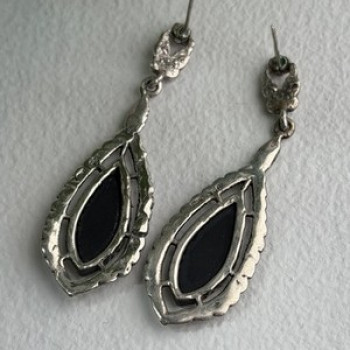 Elegant Vintage 925 Sterling Silver Onyx & Marcasite Earrings