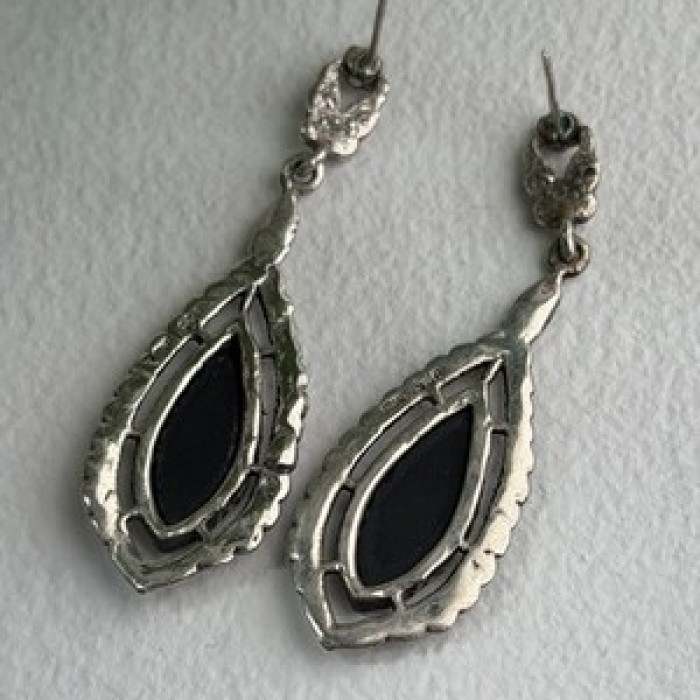 Elegant Vintage 925 Sterling Silver Onyx & Marcasite Earrings