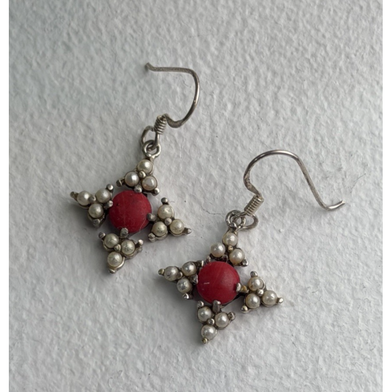 Vintage 925 Sterling Silver Red Coral & Pearls Dangle Earrings