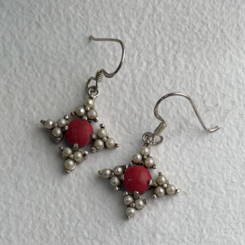 Vintage 925 Sterling Silver Red Coral & Pearls Dangle Earrings