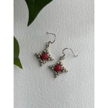 Vintage 925 Sterling Silver Red Coral & Pearls Dangle Earrings