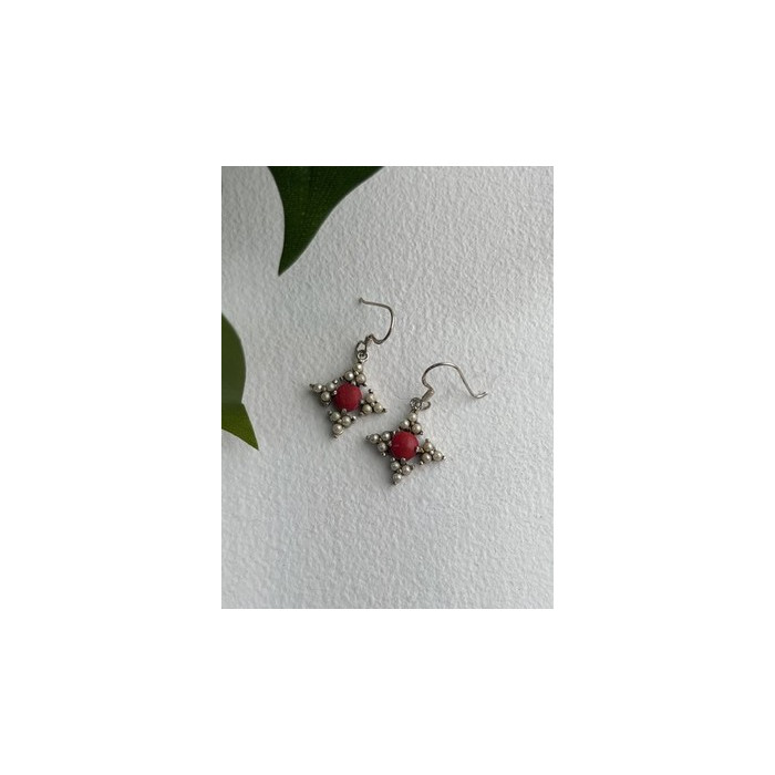Vintage 925 Sterling Silver Red Coral & Pearls Dangle Earrings