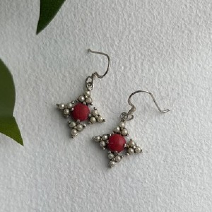 Vintage 925 Sterling Silver Red Coral & Pearls Dangle Earrings