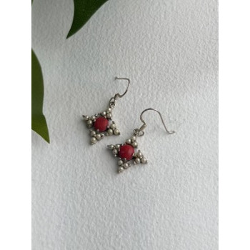 Vintage 925 Sterling Silver Red Coral & Pearls Dangle Earrings