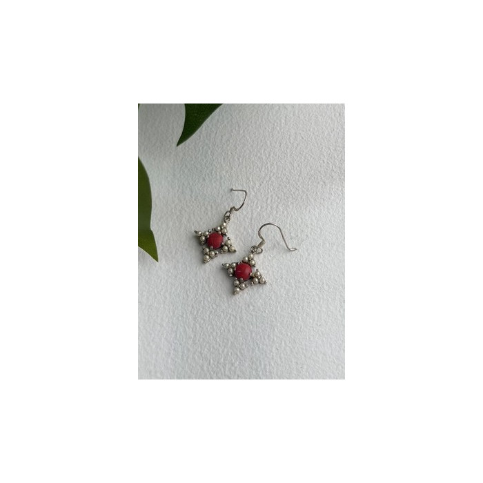 Vintage 925 Sterling Silver Red Coral & Pearls Dangle Earrings