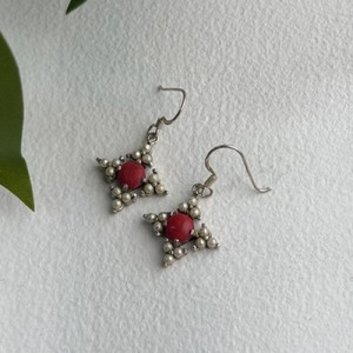 Vintage 925 Sterling Silver Red Coral & Pearls Dangle Earrings