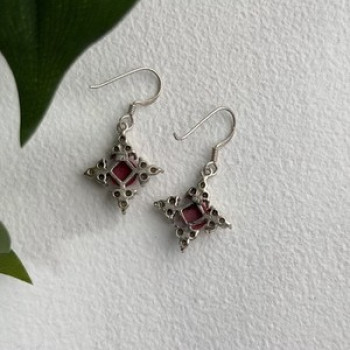 Vintage 925 Sterling Silver Red Coral & Pearls Dangle Earrings