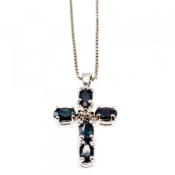 925 Sterling Silver Blue Spinel & Diamond Chain with Cross Italy