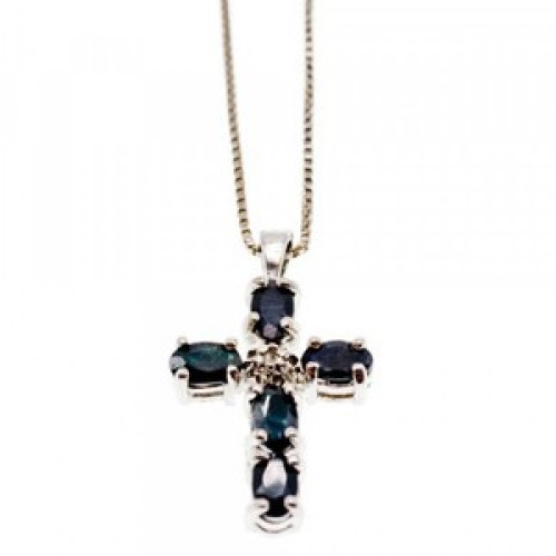 925 Sterling Silver Blue Spinel & Diamond Chain with Cross Italy