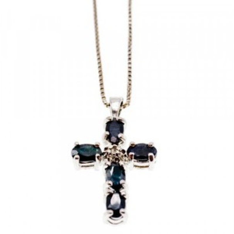 925 Sterling Silver Blue Spinel & Diamond Chain with Cross Italy