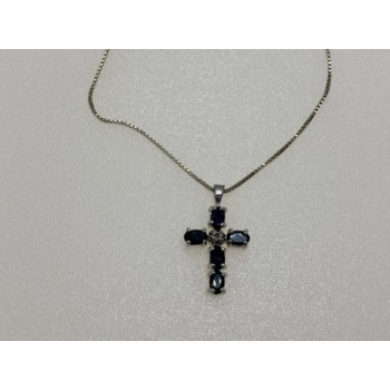 925 Sterling Silver Blue Spinel & Diamond Chain with Cross Italy