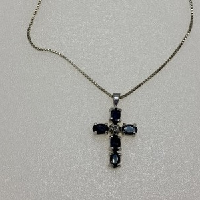925 Sterling Silver Blue Spinel & Diamond Chain with Cross Italy